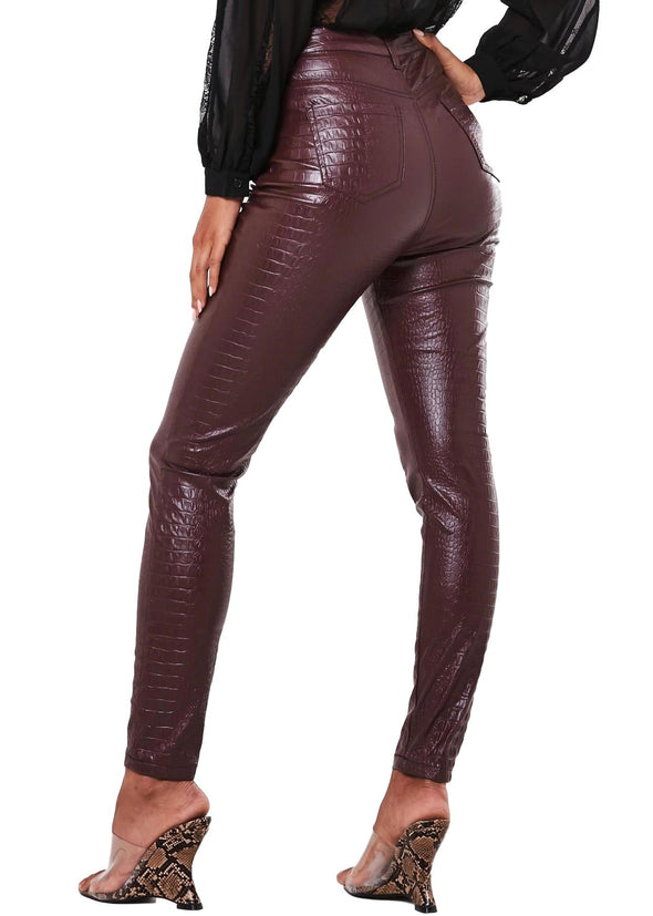 Wine Faux Leather Croc Pants - OZARA PROSPERA