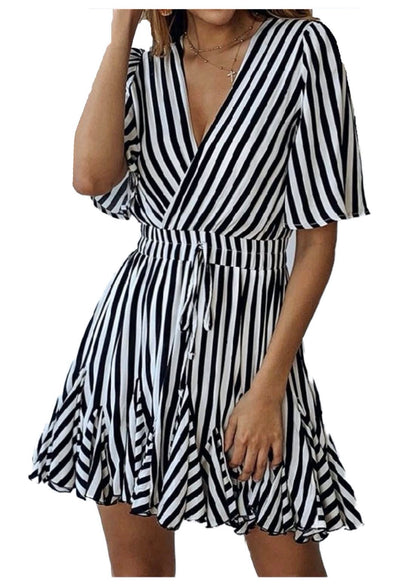 Women Black and White Stripe Mini Dress - OZARA PROSPERA